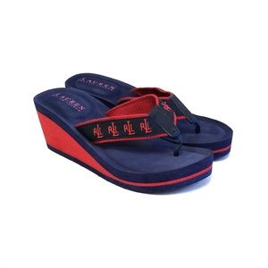 RALPH LAUREN Blue & Red Logo Wedge Sandals Size 9